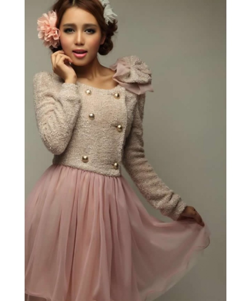 Pink Lace High Waist Double-Breasted Dress Wool Blend Women Coat